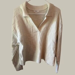 Weekend Los Angeles Cream Checkerboard Knit‎ Collared V-Neck Sweater Womens M
